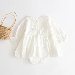 New Girl Baby Pure White Embroidered Long Sleeved Cotton Romper Children Round Collar Cute Jumpsuit