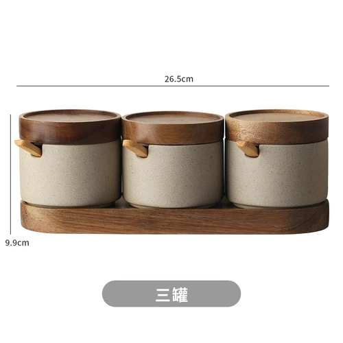 Kitchen Ceramic Seasoning Jar With Wooden Lid and Spoon Salt Jar Bamboo Cover Kitchen Organizer Tools details