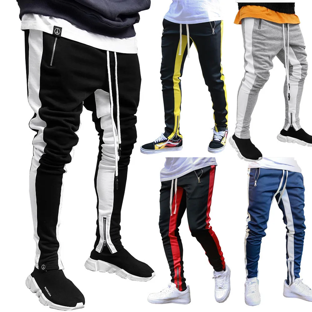 
Mens sweat pants tapered tights skinny cargo zip double pocket jeans with side stripes 