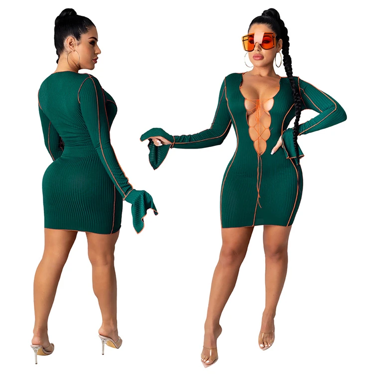 High Quality Drawstring Hollow Out V Neck Sexy Ladies Women Bodycon Dresses Woman Casual Short Dress