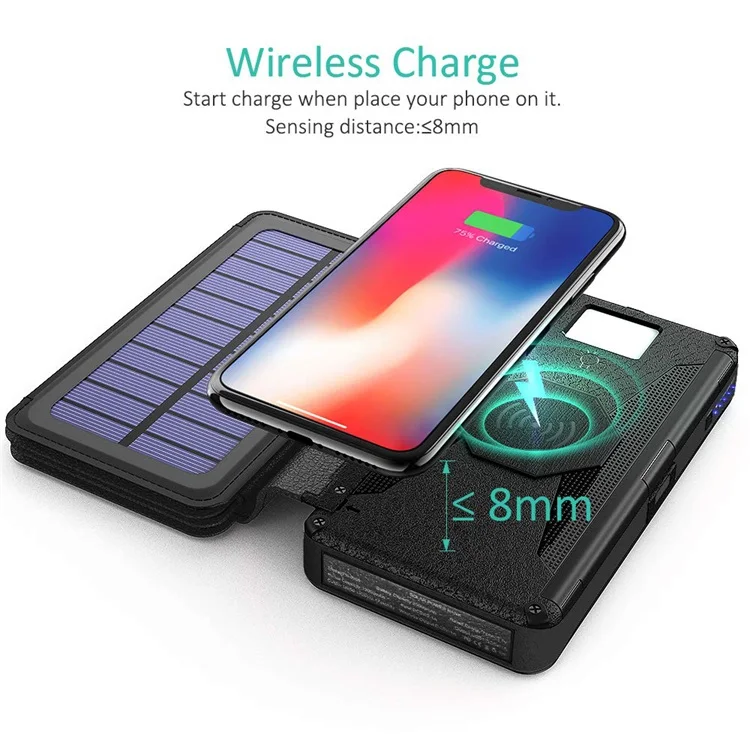 Detachable Solar Panel Qi Wireless Charger 20000mAh Portable Power Bank with Dual Output Type C Input Flashlight