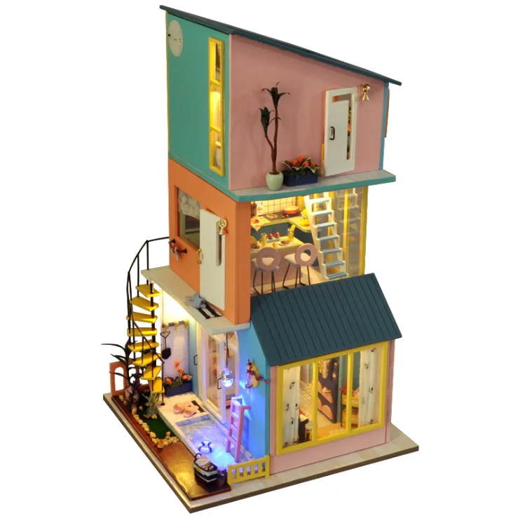 Dollhouse with light Handmade three floor model furniture kits miniature LED lights wooden dollhouse DIY toys