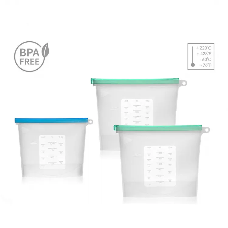 1000/1500ML Wholesale Vegetable fruit Freezer Airtight Seal Fresh reusable silicone food storage bag 