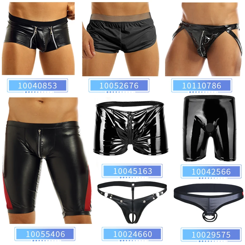 High Quality With Low Price Mens Faux Leather Zipper Crotch Shorts Splice Low Rise Slim Tight