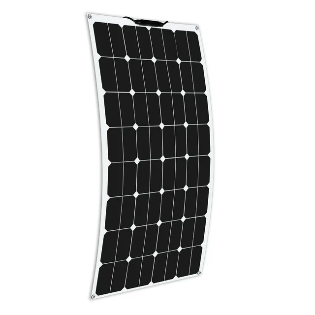 User-installed 100W 12V solar panel on van roof with tilt mount and wiring conduit
