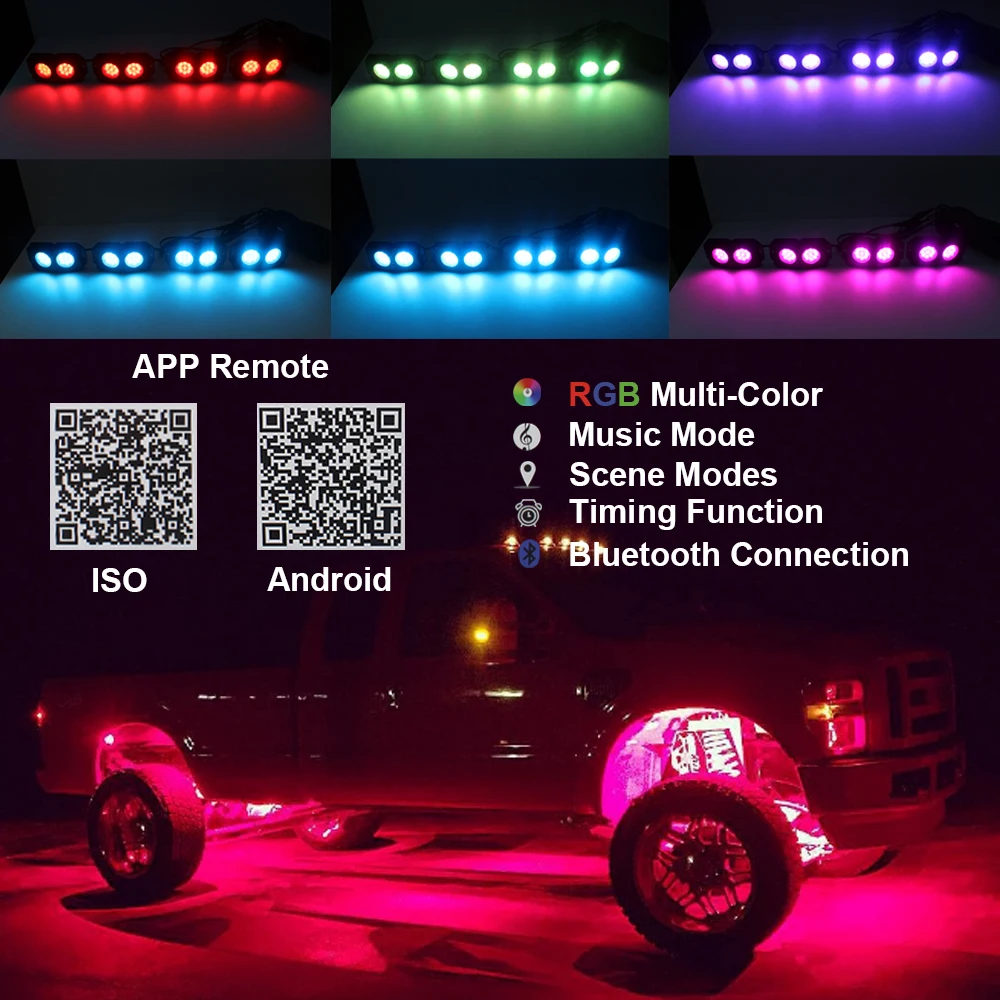 18W Multicolor Neon LED Light Kit RGB LED Rock Lights with Blue-tooth Controller For Timing, Music Mode, Flashing