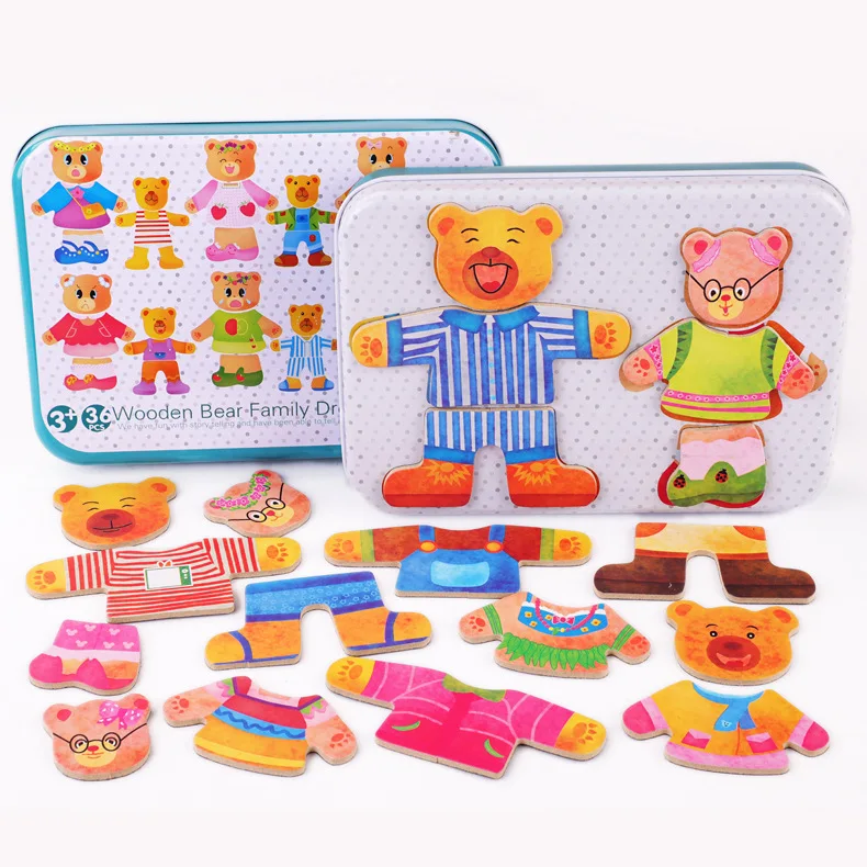 Romote Newin Étoile Bear Family Dress Up Puzzle en bois avec coffret de rangement Jigsaw Puzzle Vêtements de jouets en bois changement Jouets éducatifs