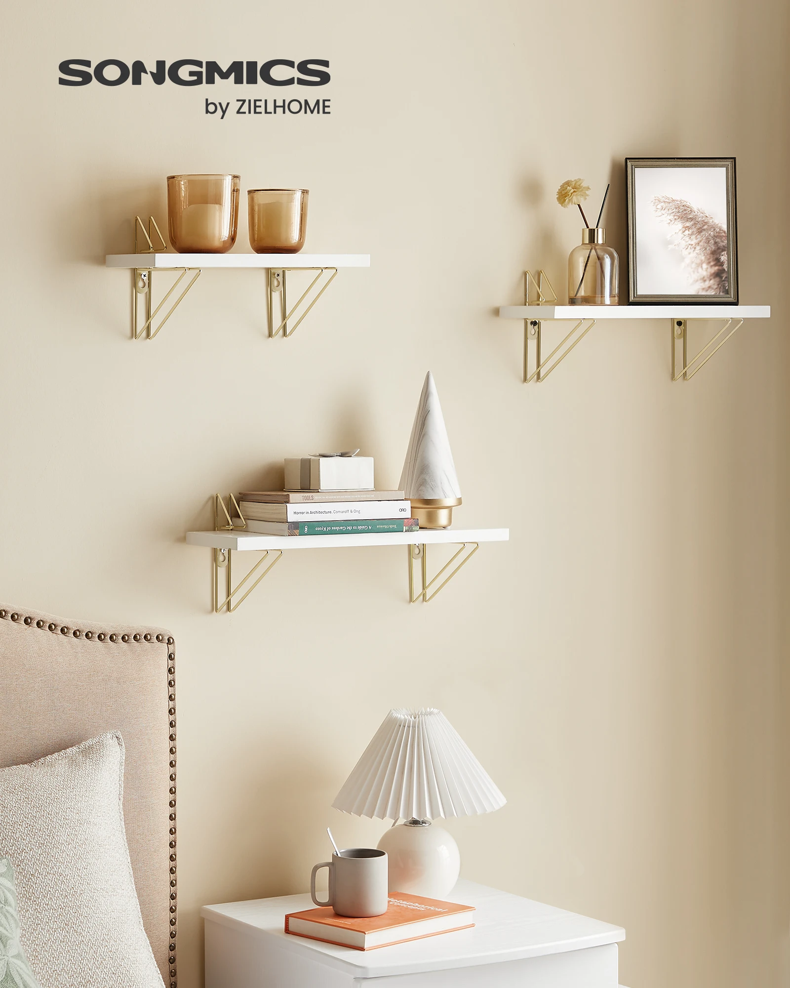 Songmics Living Room Floating Shelves Wall Mounted Set Of 3 White