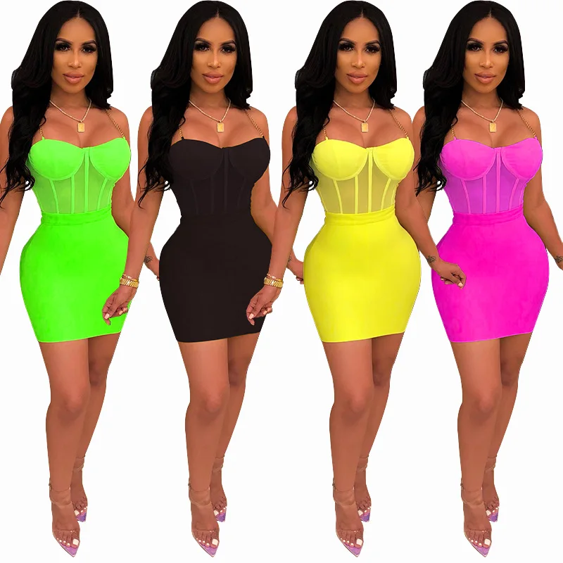 

Summer pring Low cut elf cultivation hort Club wear Dresses vestito donna,2 Pieces, Green/black/pink/yellow