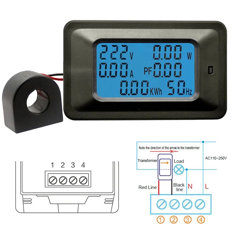 AC 110-250V 100A LCD 6 IN 1 Digital Volt Watt Power Meter Ammeter Voltmeter Pro 