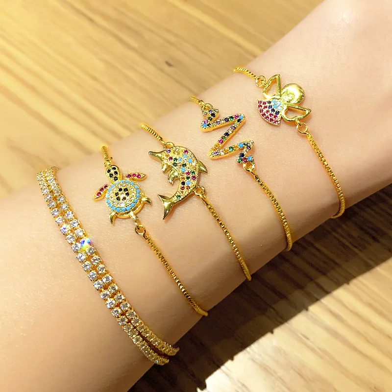 Fashion Charm Adjustable Brass Cute Animal Rainbow Zircon Tortoise Dolphin Chain Bracelet Jewelry for Women
