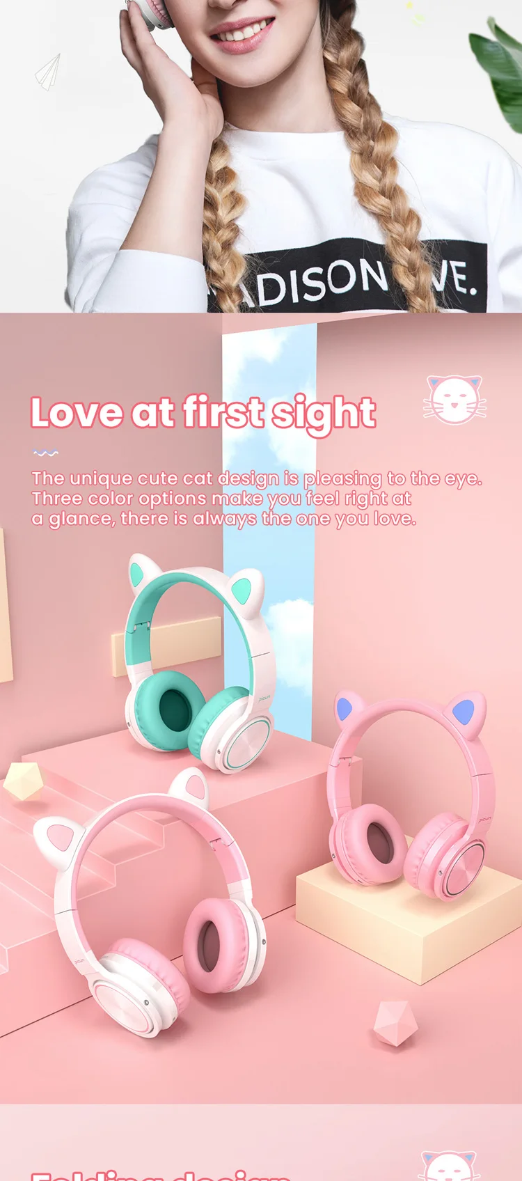 Picun Lucky Cat Cute Girls Colorful Lighting Led Bluetooth Wireless Cat