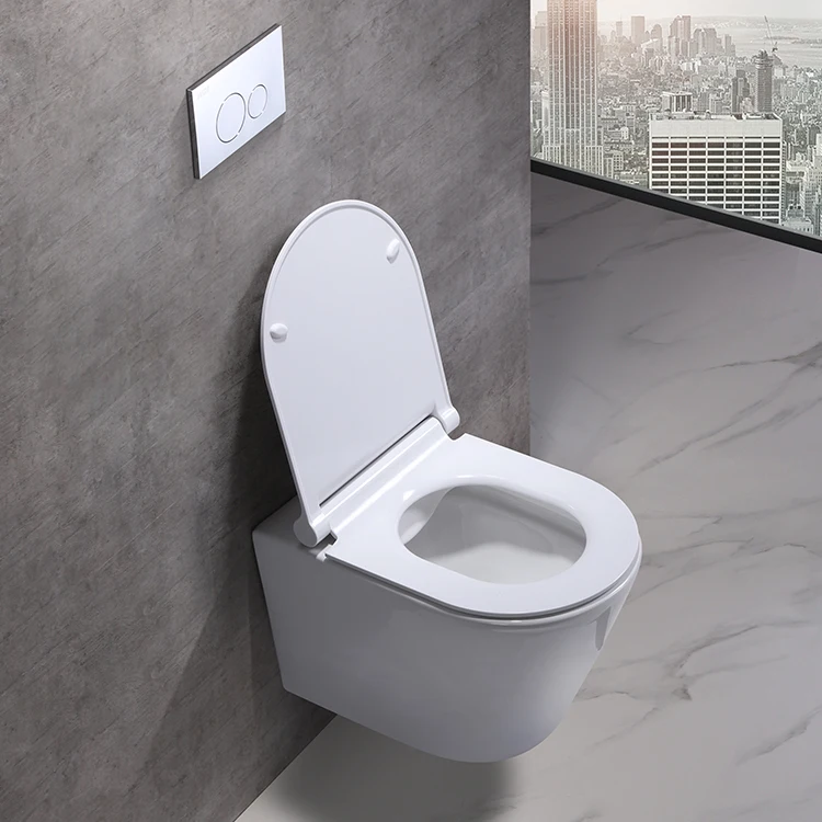 New design american porcelain suspended rimless p trap sanitary ware bathroom wc wall mounted wall hung toilet bowl supplier