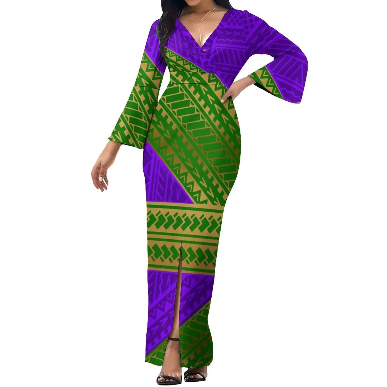 long hawaiian dresses plus size Wholesale Velvet Yoke Long Sleeve Hawaiian Dress  Plus Size Friendly for  your store