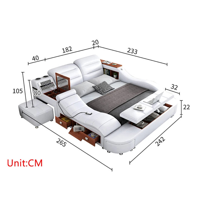 Modern Luxury Smart Bed Room Furniture Leather Bed With Speaker Usb Charger Massage Sofa Beds 4041