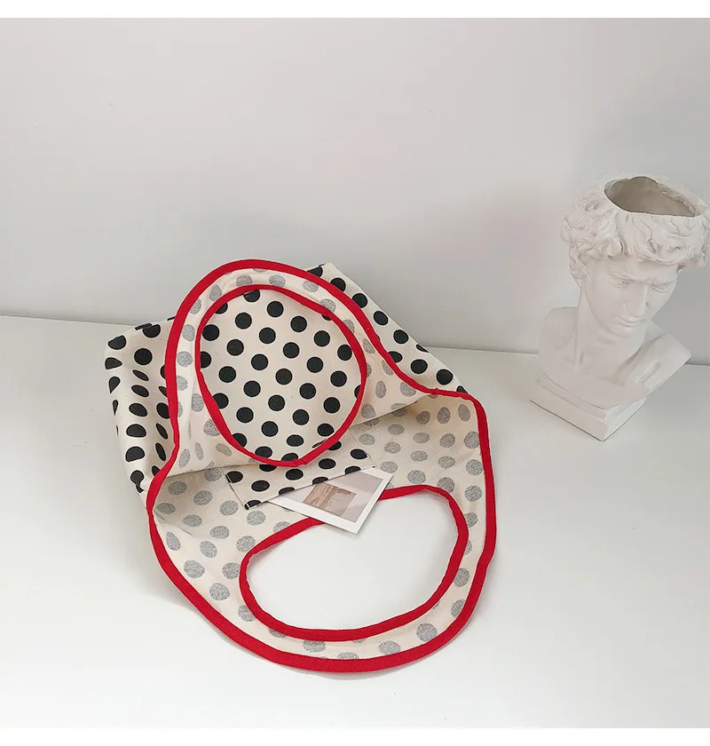 2024 Japanese Style Canvas Shopping Bag Fashionable Dot Casual Shoulder Handbag Outdoor Canvas Shopping Bag