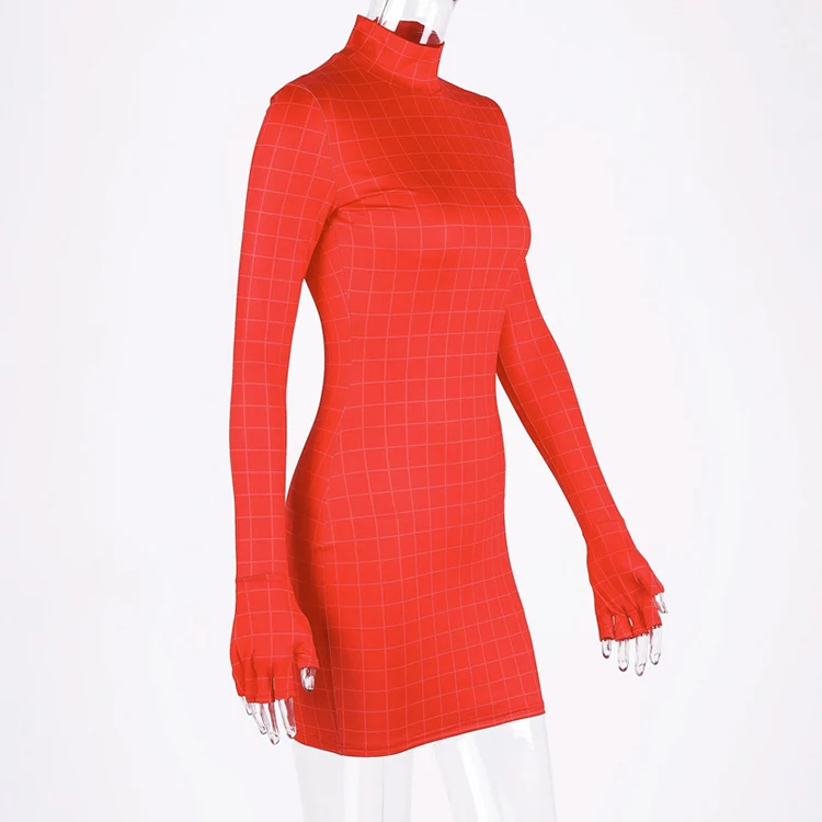 Mock Neck Plaid Long Sleeve Bodycon Dress For Ladies