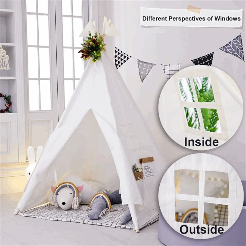 Classic foldable white cotton canvasiIndoor or outdoor indian play tent wood home decor best selling kids indoor tent