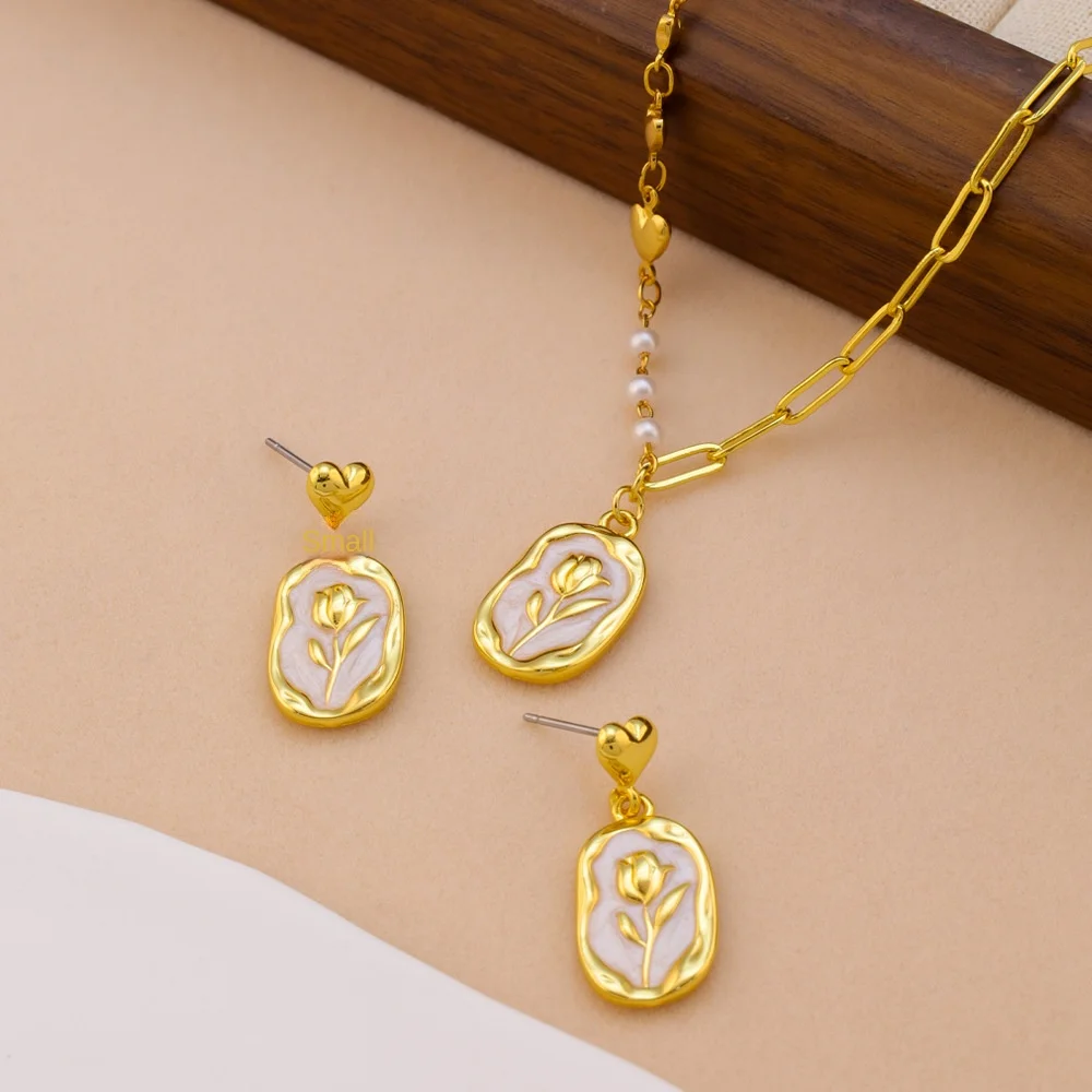 product gold plated  non fading flower earrings heart shaped chain style pearl collar chain womens fashion pendant necklace-1