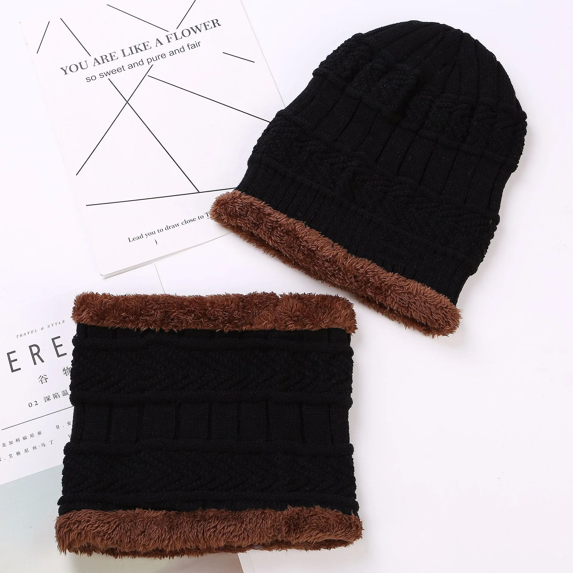 Winter Knitted Hat Scarf Set Warm Thicken Fleece Men Beanie Hat Scarf Set Solid Knit Windproof Outdoor Ski Cap Ring Scarf