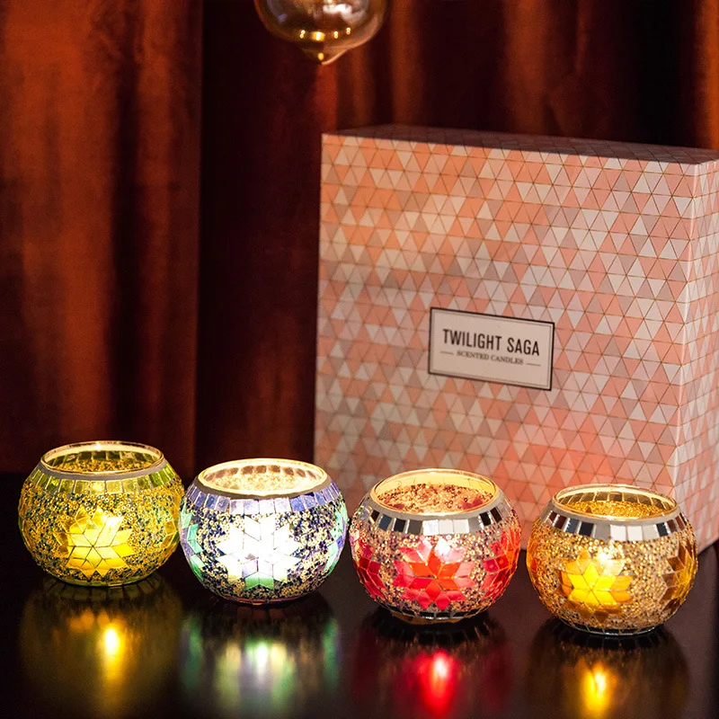 4.4 Oz Handmade Mosaic Design Natural Portable Travel Soy Wax Scented Candles Gift Set for Stress Relief and Aromatherapy 