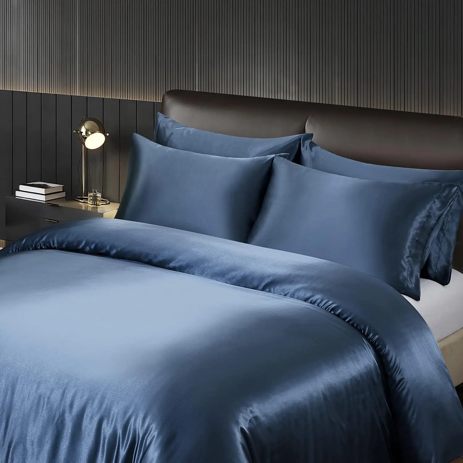 Navy Blue King Size Satin Duvet Cover Set 5-Piece Bedding Includes 1 Duvet Cover and 4 Pillowcases manufacture