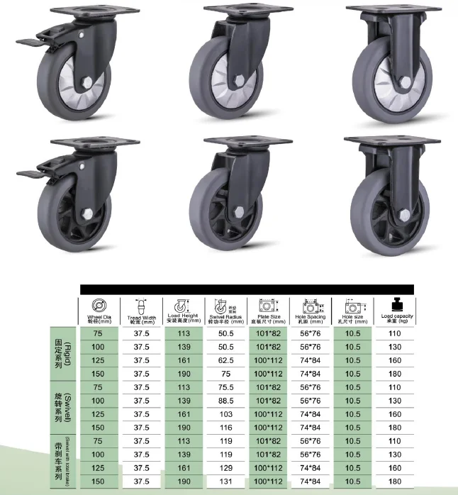 Full black high elastic rubber casters with electrophoresis bracket 3 inch castor wheel with double ball bearing