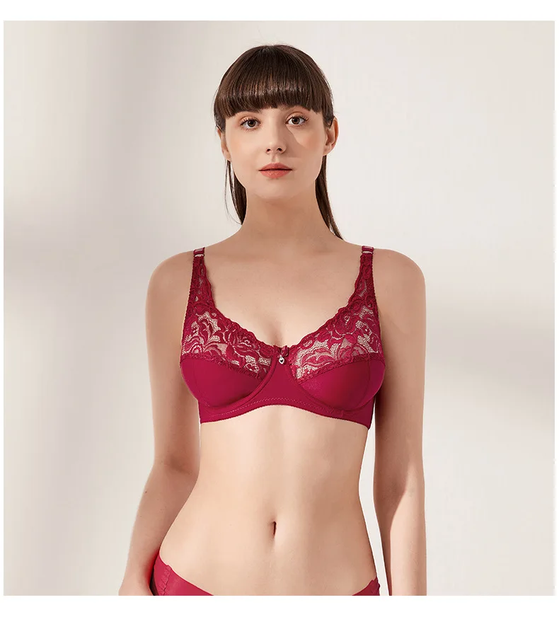 Ultra-Thin Large Size Steel Ring Bra Sexy Lace Lingerie with Adjustable Gathered Cups Breathable Feature for Foreign Trade