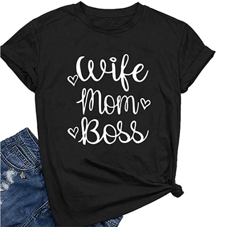 Sharemen Women Wife MOM BOSS Letter Print Short Sleeve T-Shirt Tops Blouse Tee 
