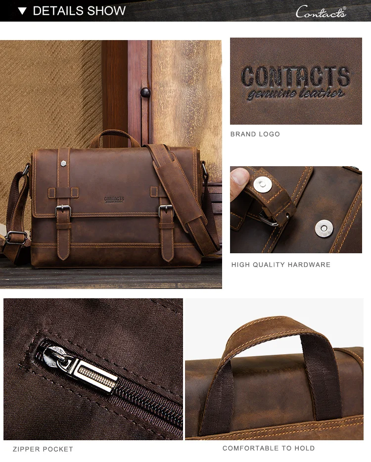 Contact's Luxury Crazy Horse Leather Briefcase Soft Bag for 12 inch laptop