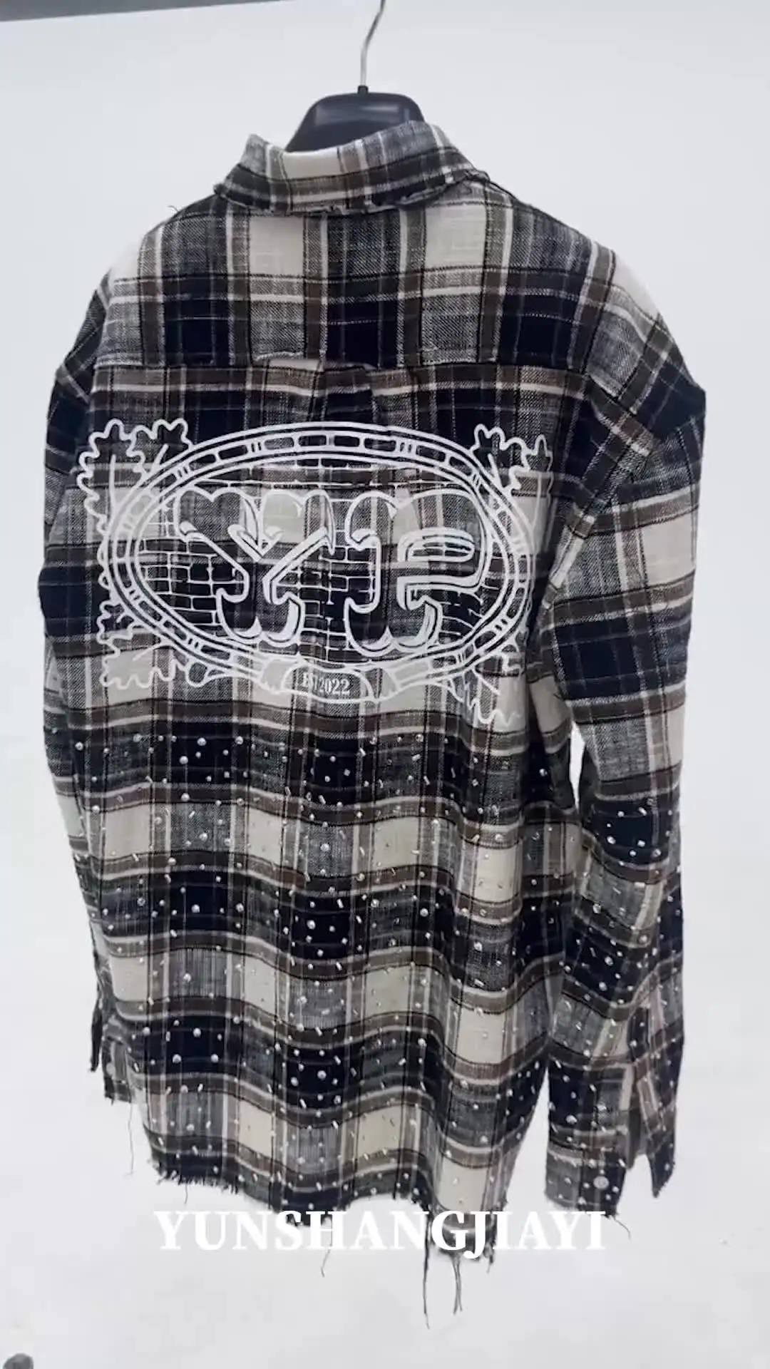 Custom Distressed Vintage Rhinestone Plaid Flannel Shirt for Men