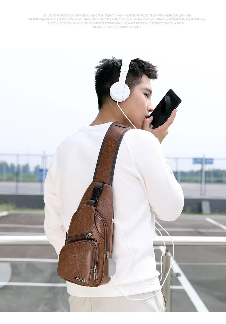 Hot Selling USB Charging Casual Fashion Shoulder PU Leather Men's Chest Bag Messenger Bag