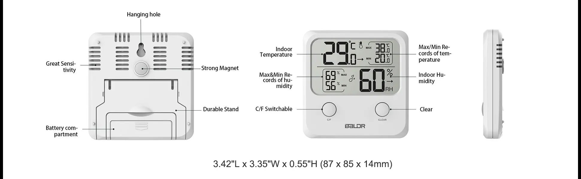 BALDR B0335 Hygrometer Digital Indoor Thermometer LCD Temperature Humidity Meter for sale online 