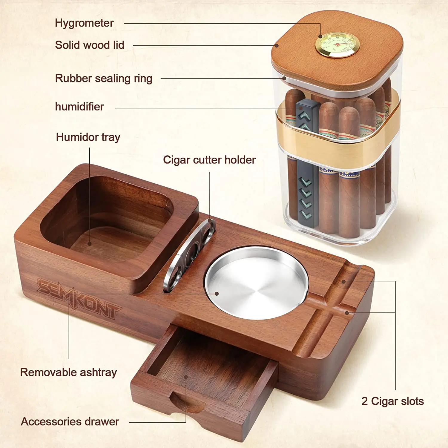 Semkont Cigar Display Humidor And Detachable Wooden Cigar Ashtray Set