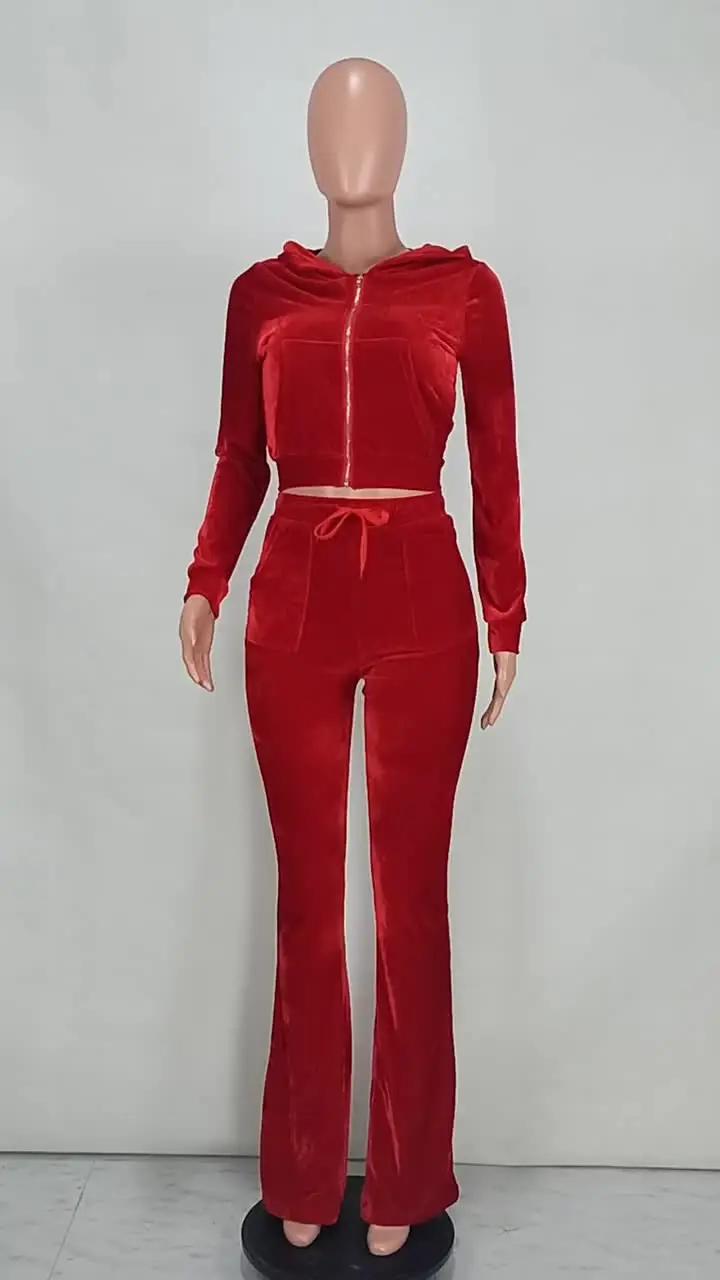 Winter Women's Hoodie Zipper Pocket Crop Top Jacket Flare Pants - Main Image