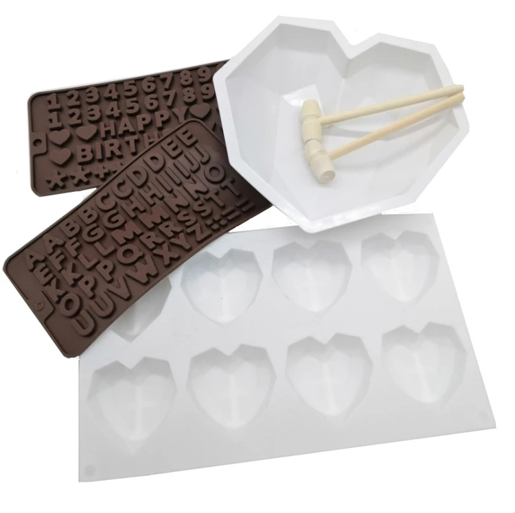 

Silicone diamond heart shape baking cake mousses mold digital alphabet chocolate mold with mini wooden hammer set wholesale, White,chocolate