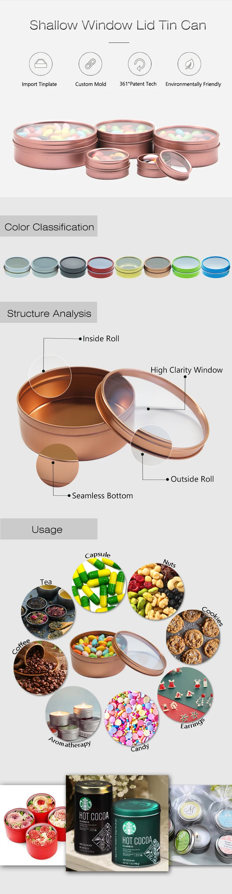 Customized 2 Oz 3 Oz 4oz 8 Oz Shallow Round Tin Can Rose Gold Candle Tins Can With Window Lids