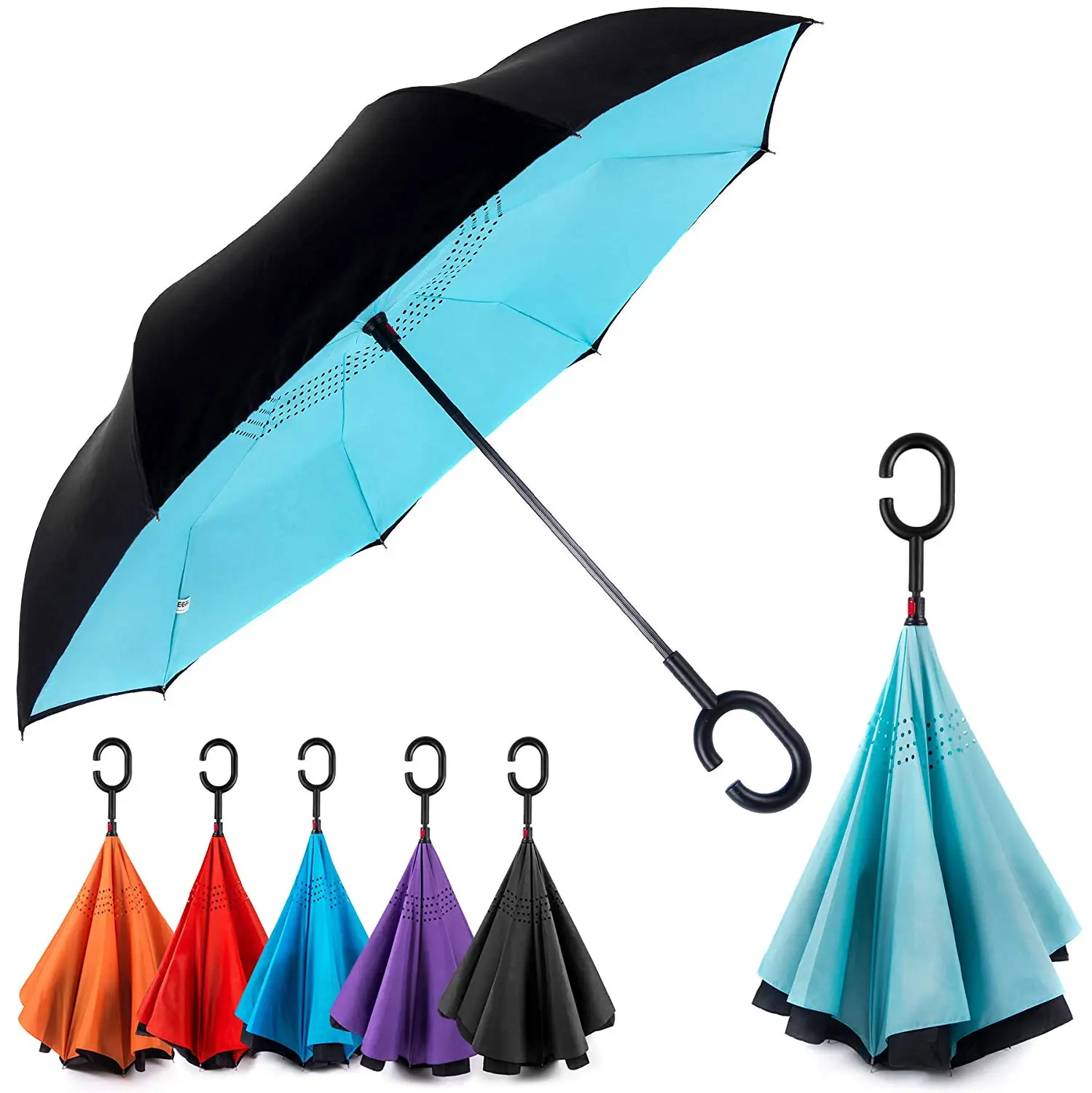 Self Standing manfâ cortavientos Reverse plegable doble capa paraguas invertido con forma de C mango mango libre para mujeres y hombres variedad colores dentro y por fuera