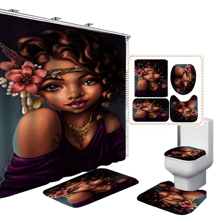 
African American black girl 3d printing shower curtain bathroom sets with rugs 