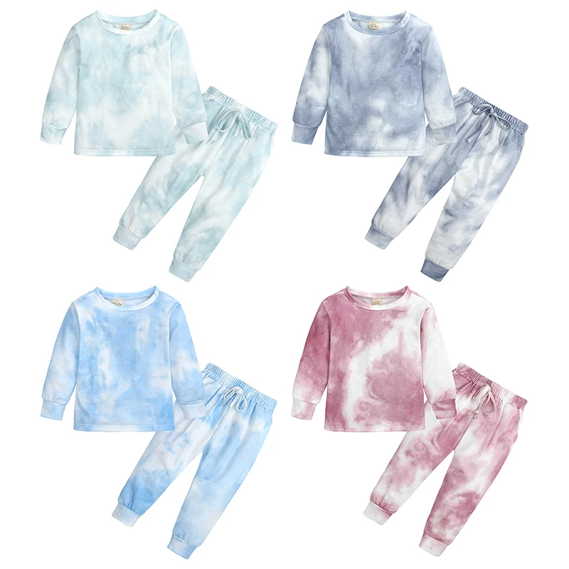

Fashionable printed tie-dye clothing sets kids pyjamas children girls long sleeve casual two piece home suit, As picture