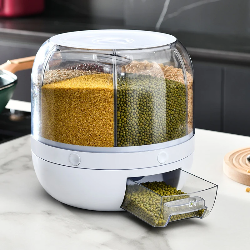 Thickened Kitchen Plastic Cereal Storage Container Rotating 6-Compartment Grain Dispenser Barrel for Dry Food Rice Beans factory