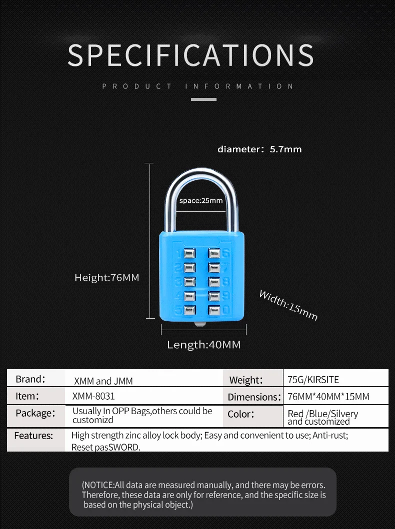 Push Button 10 Digits Combination Numerical Lock Reset Combination