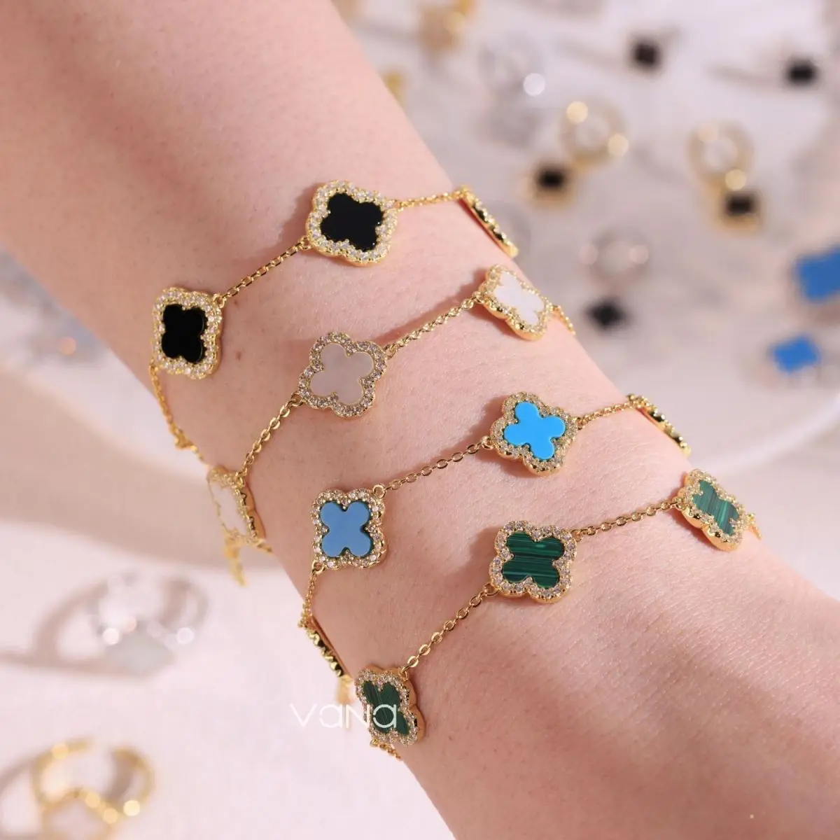 VANA Fine Four Leaf Clover Jewellery 925 Sterling Silver Charm Bracelet Bangle Silver 925 Bracelets S925 Clover Jewelry Sets