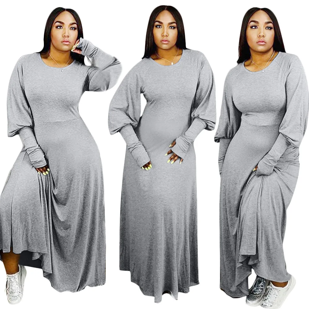 
2020 fashion ladies casual solid color round neck mopping skirt one-piece dress 