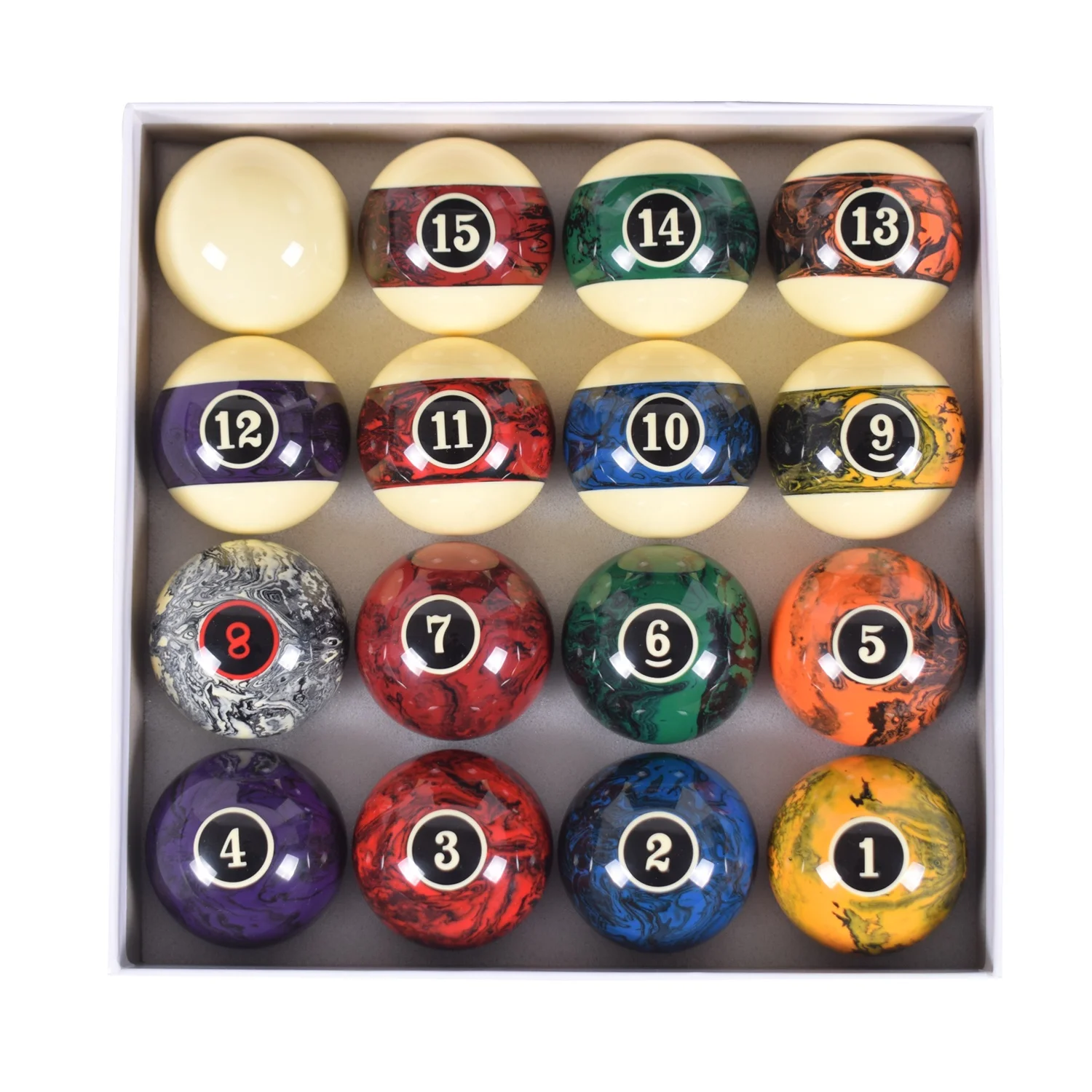 thumbnail interactive-video image 1 of VSSAL Marble-Swirl Style Pool Table Billiard Balls – 16 Ball Set – High Grade Polyester Resin 1 of 5