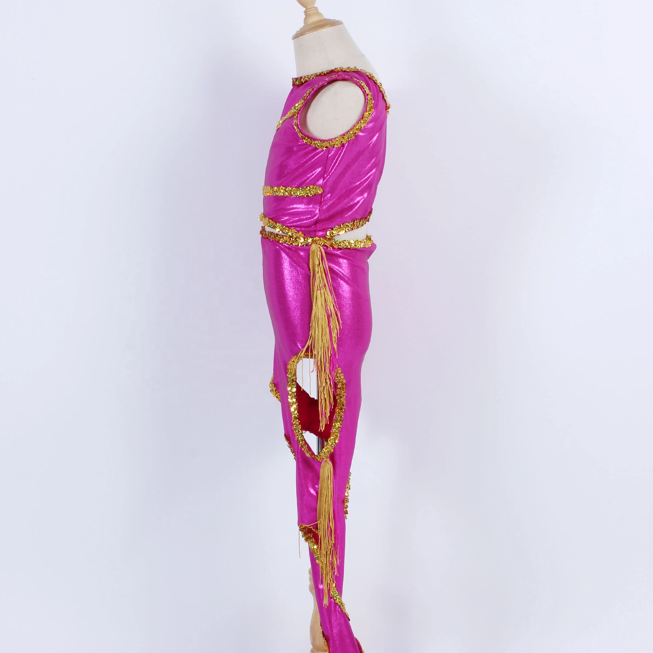 火辣粉色闪亮箔舞蹈紧身衣成人儿童爵士亮片舞蹈服装单腿长裤流苏舞台
