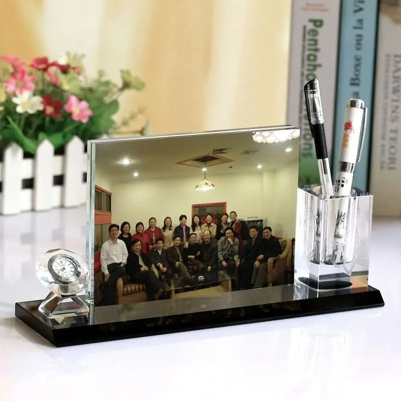 Multi-functional square pen holder with photo frame with clock for business souvenir gift factory