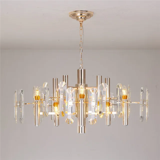 Luminarias Dining Room Luxury Plated Gold Steel Lustre Crystal Led Pendant Lights E14 Crystal Chandelier
