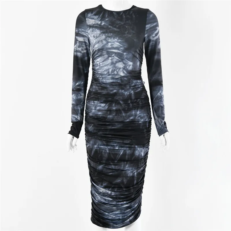 2020 Autumn Winter Dress New Women's Long-sleeved Round Neck Sexy Slim Temperament All-match Printing And Dyeing Long Dress