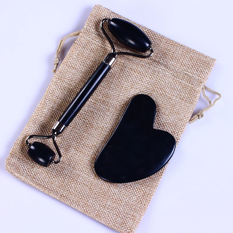 
Black natural jade roller zinc gold color stand mei metal+ big Guasha gua sha set for face 